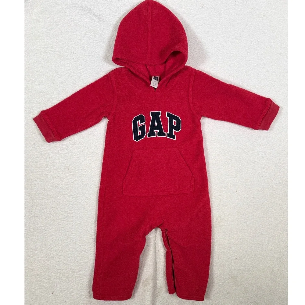 Baby Gap Red Fleece Hooded Romper Arch Logo Infant 12-18 Months HOL06 424567